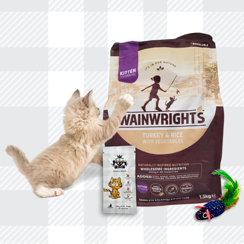 AETN Creations Wainwright's Dry Kitten Food Turkey & Rice with Veg 1.5kg Nutrient-Rich Formula for Growing Cats with Mouse Toy and Delicious AETN Chicken Cat Treat