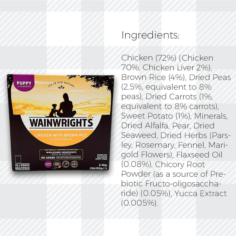 AETN Creations Wainwright's Wet Puppy Food 16x150g Chicken with Brown Rice and Vegetables, plus AETN Jerky Treat, Complete Balanced Food for Growing Puppies