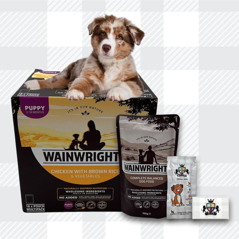 AETN Creations Wainwright's Wet Puppy Food 16x150g Chicken with Brown Rice and Vegetables, plus AETN Jerky Treat, Complete Balanced Food for Growing Puppies