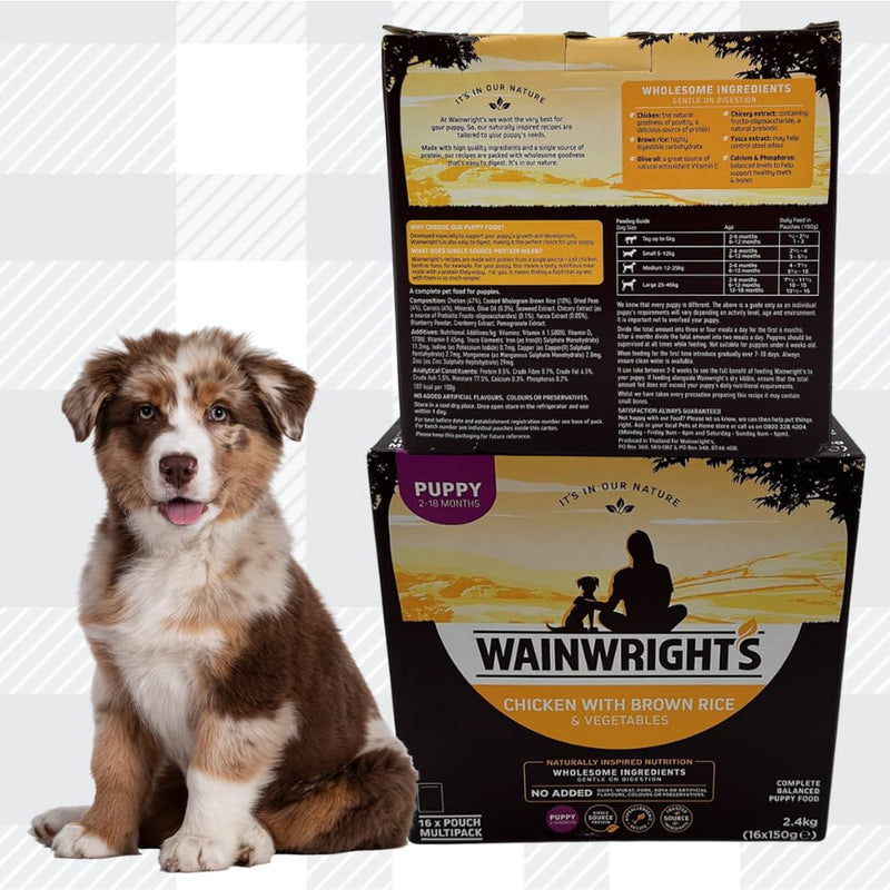 AETN Creations Wainwright's Wet Puppy Food 16x150g Chicken with Brown Rice and Vegetables, plus AETN Jerky Treat, Complete Balanced Food for Growing Puppies