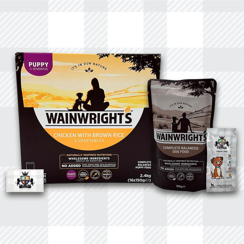 AETN Creations Wainwright's Wet Puppy Food 16x150g Chicken with Brown Rice and Vegetables, plus AETN Jerky Treat, Complete Balanced Food for Growing Puppies