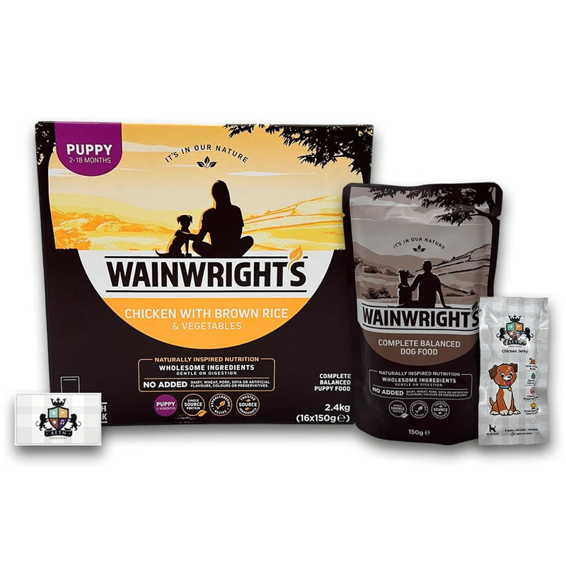 AETN Creations Wainwright's Wet Puppy Food 16x150g Chicken with Brown Rice and Vegetables, plus AETN Jerky Treat, Complete Balanced Food for Growing Puppies