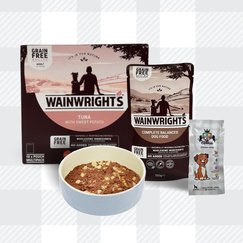 AETN Creations Tuna and Sweet Potato Wet Dog Food 16x150g from Wainwright's Plus AETN Jerky Treat, Nutritious, Delicious, Easily Digested and Hypo-Allergenic Food