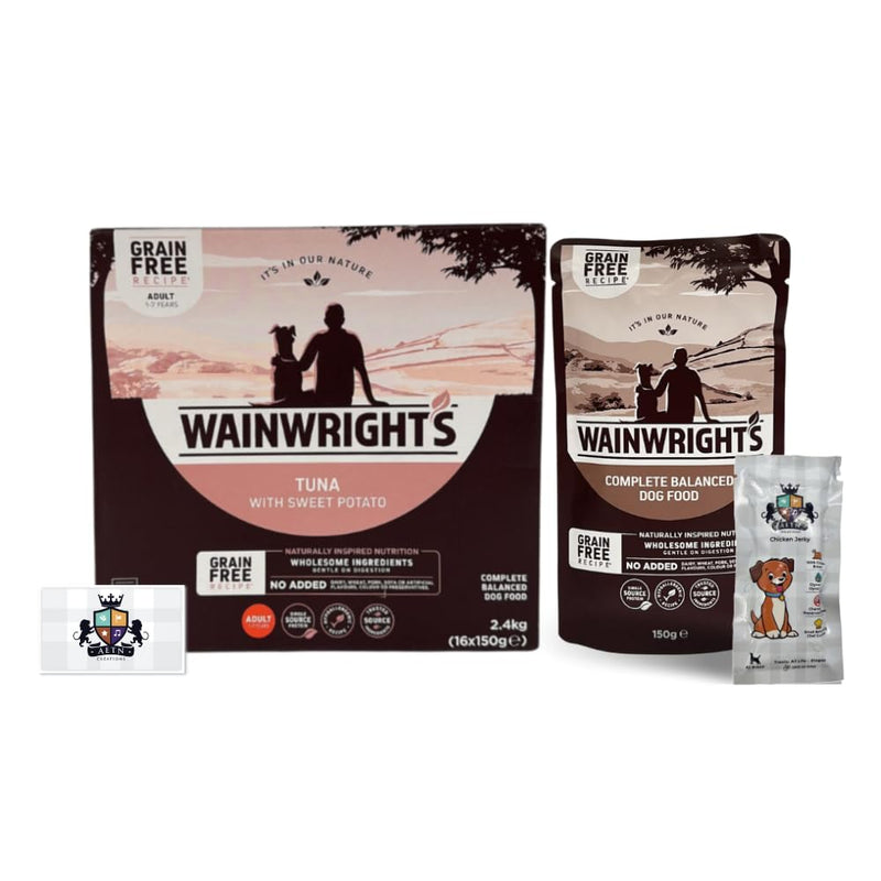 AETN Creations Tuna and Sweet Potato Wet Dog Food 16x150g from Wainwright's Plus AETN Jerky Treat, Nutritious, Delicious, Easily Digested and Hypo-Allergenic Food