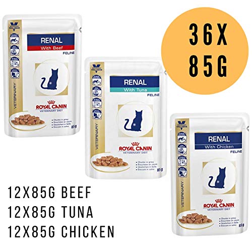 Royal Canin Veterinary Cat Food - RENAL MIXED PACK - Beef, Chicken And Tuna 36x85g Bulk Buy Mixed Pack Premium Wet Cat Food For Feline’s With Chronic Kidney Disease