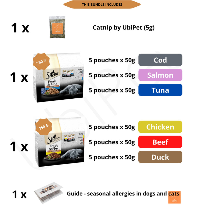 Wet Cat Food Bundle Contains Sheba Fresh and Fine in Gravy with Poultry, Beef, Duck, Turkey, Chicken (2x15 Pack - 30 Pouches in Total) and a Ubipet Catnip Portion with Pet Health Tips Card