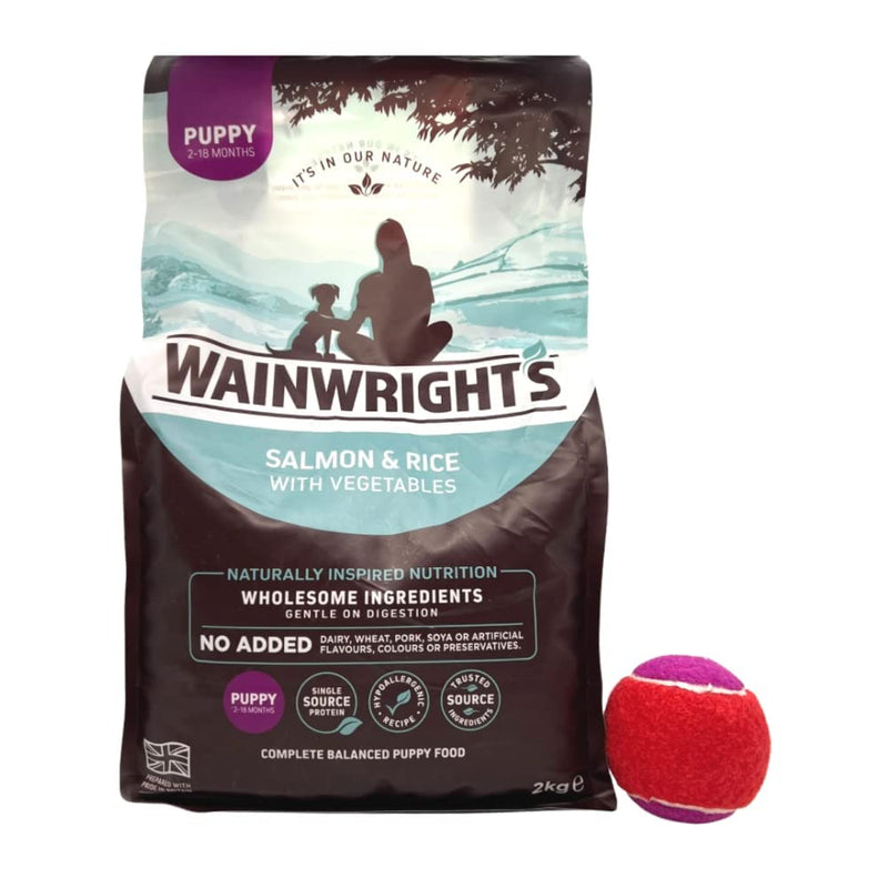 Wainwright's Complete Dry Puppy Food Salmon And Brown Rice 2 kg + Ball - Nutritious, Delicious, Easily Digested And Hypo-Allergenic Suitable For 2-18 Months Old Puppies