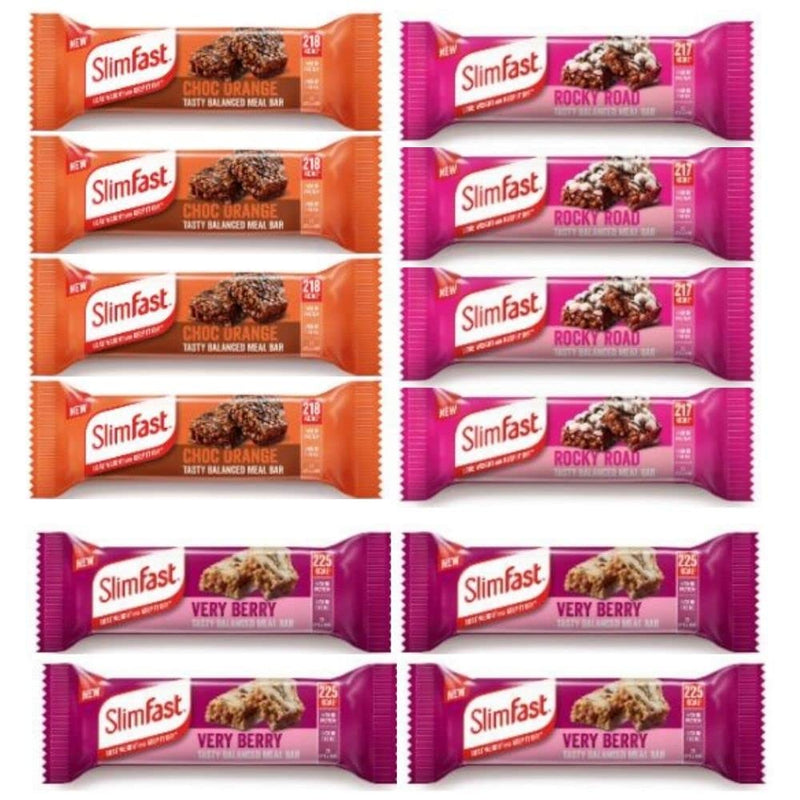 Meal Replacement 12 Mixed Meal Bars in Choc Orange, Very Berry and Rocky Road Flavours, Weight Loss and Balance Diet Pack, Calorie Controlled, High in Protein and Fiber with 23 Vitamins and Minerals