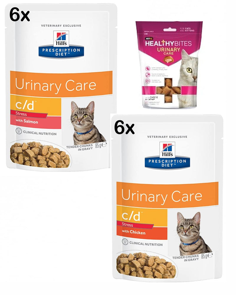 HILL'S PRESCRIPTION DIET Feline C/D Urinary Stress Mix 12 x 85gr (Chicken 6 pouches/Salmon 6 pouches) and Vetiq Treats Urinary care for Cat