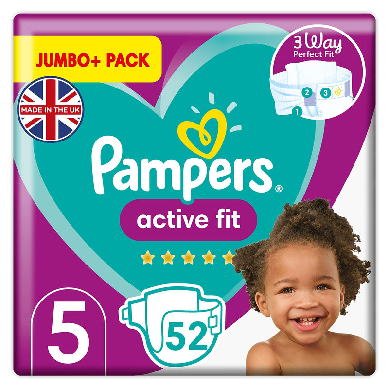 Pampers Baby Nappies Size 5 (2-5 kg / 4-11 lbs), Active Fit, 52 Count, JUMBO+ PACK, 360 Degree Comfort Fit