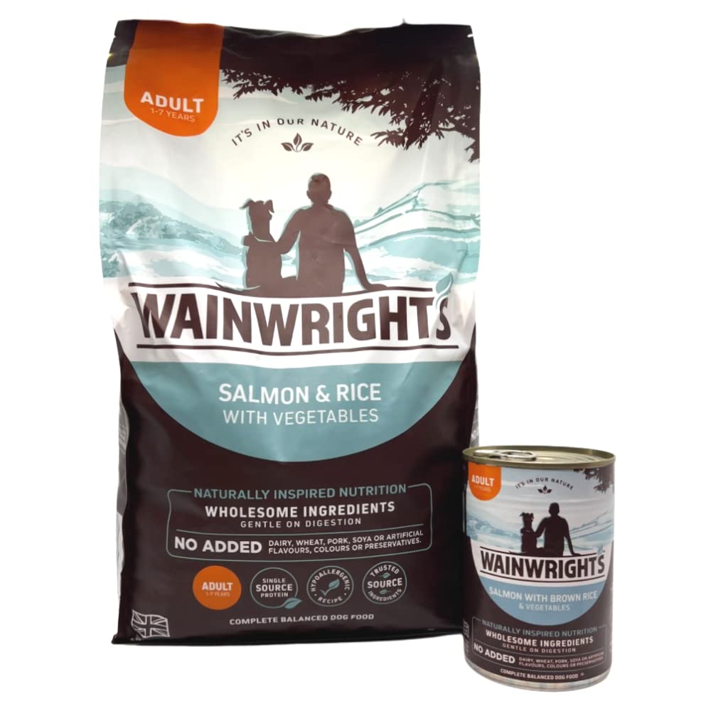 Wainwrights Complete And Balanced Adult Dry Food Pack Salmon 2 kg + 395g Tin of Salmon Wet Food- Nutritious, Delicious, Easily Digested And Hypo-Allergenic Suitable For Dogs From 1-7 Years Old