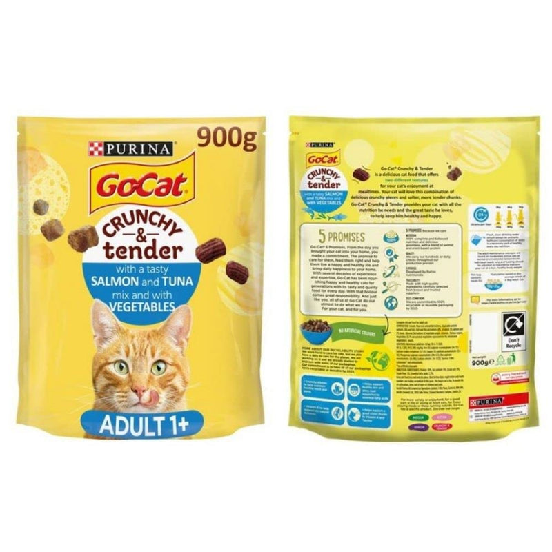 Go-Cat Crunchy & Tender Beef Chicken Vegetable 2x900G And Salmon Tuna Vegetable 2x900G Complete And Balance Adult Dry Cat Food Made Ingredients