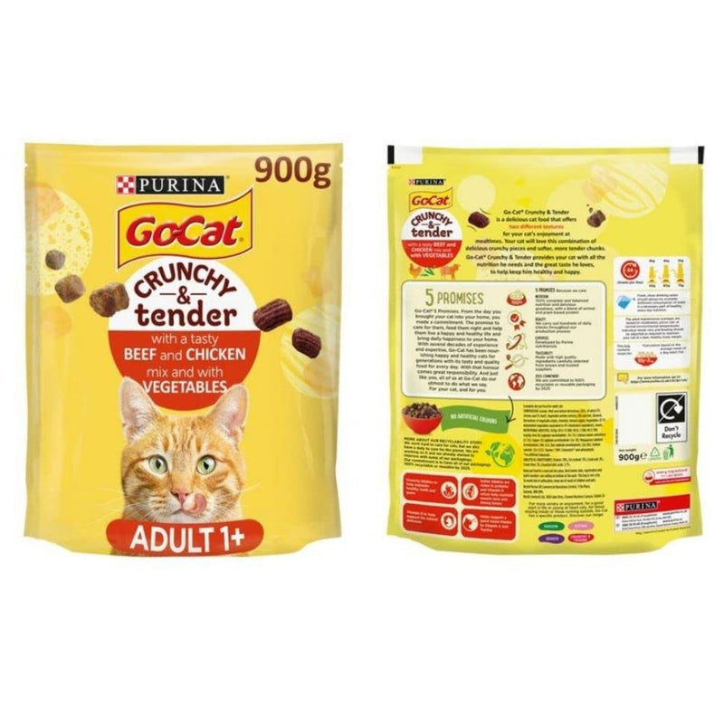 Go-Cat Crunchy & Tender Beef Chicken Vegetable 2x900G And Salmon Tuna Vegetable 2x900G Complete And Balance Adult Dry Cat Food Made Ingredients