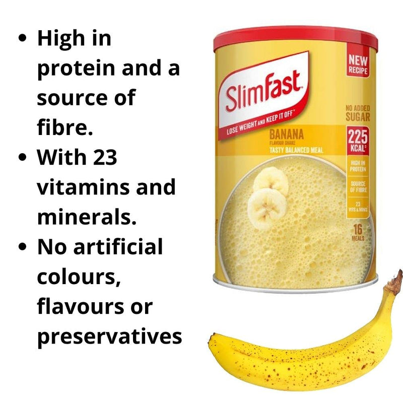 Slim Fast Shake and Snack Weightloss Diet Bundle - Banana Flavour Shake Powder 584g with 2 Baked Cheddar Bites and 2 Baked Sour Cream & Chive Pretzels Balanced Meal Replacement