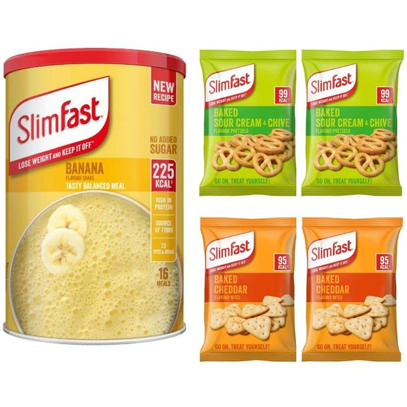 Slim Fast Shake and Snack Weightloss Diet Bundle - Banana Flavour Shake Powder 584g with 2 Baked Cheddar Bites and 2 Baked Sour Cream & Chive Pretzels Balanced Meal Replacement