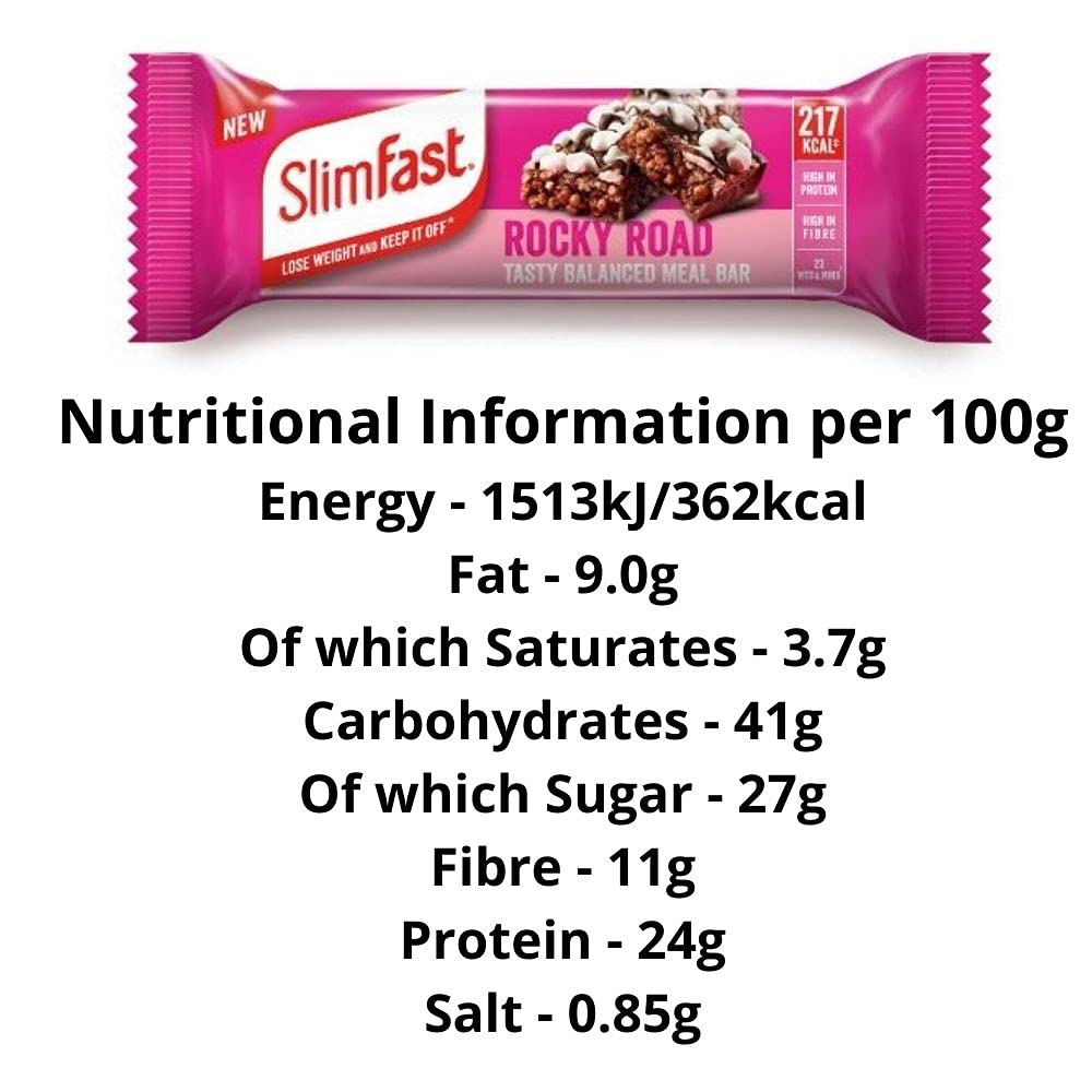 Meal Bars Slim Fast - Rocky Road 12 X 60g Tasty, Balanced Meal Replacement Bar for Weight Loss Control and Diet, 217Kcal, High in Protein, Fiber and with 23 Vitamins and Minerals
