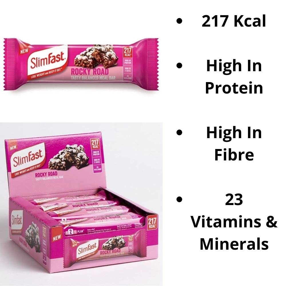 Meal Bars Slim Fast - Rocky Road 12 X 60g Tasty, Balanced Meal Replacement Bar for Weight Loss Control and Diet, 217Kcal, High in Protein, Fiber and with 23 Vitamins and Minerals