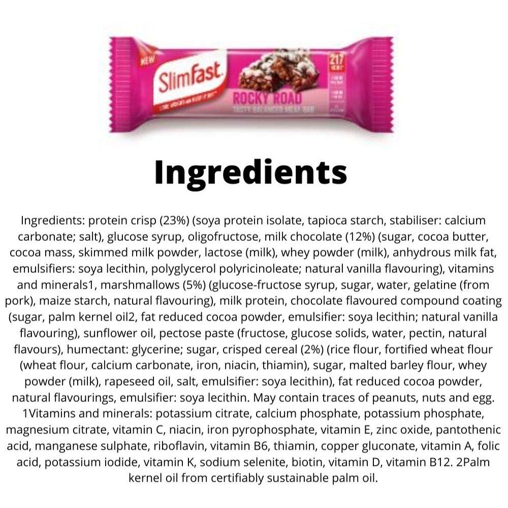 Meal Bars Slim Fast - Rocky Road 12 X 60g Tasty, Balanced Meal Replacement Bar for Weight Loss Control and Diet, 217Kcal, High in Protein, Fiber and with 23 Vitamins and Minerals