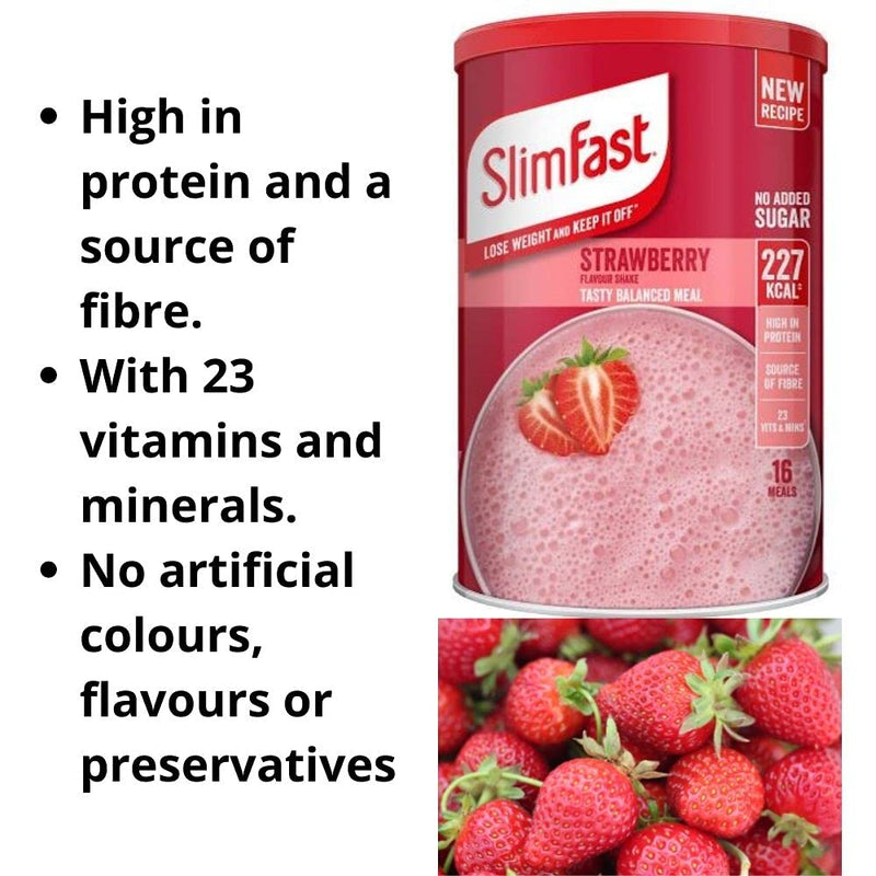 Slim Fast Strawberry Flavour Shake Powder 584g - 16 Servings Balanced Meal Replacement 227kcal, Rich In Protein, Fibre, 23 Vitamins And Minerals