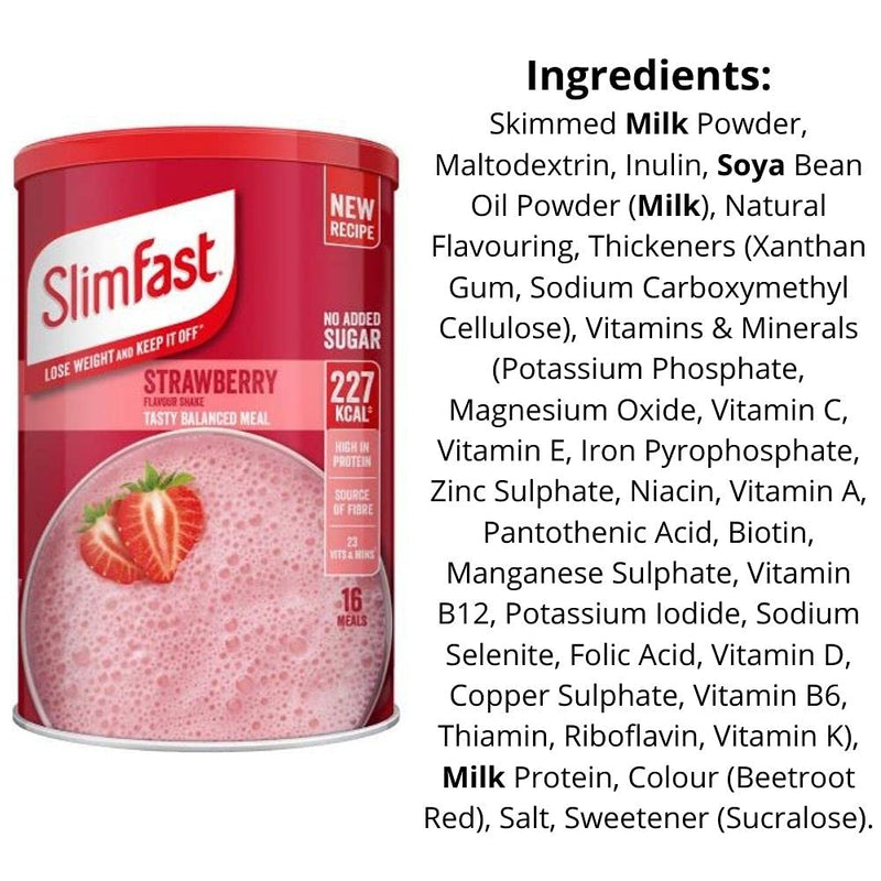 Slim Fast Strawberry Flavour Shake Powder 584g - 16 Servings Balanced Meal Replacement 227kcal, Rich In Protein, Fibre, 23 Vitamins And Minerals