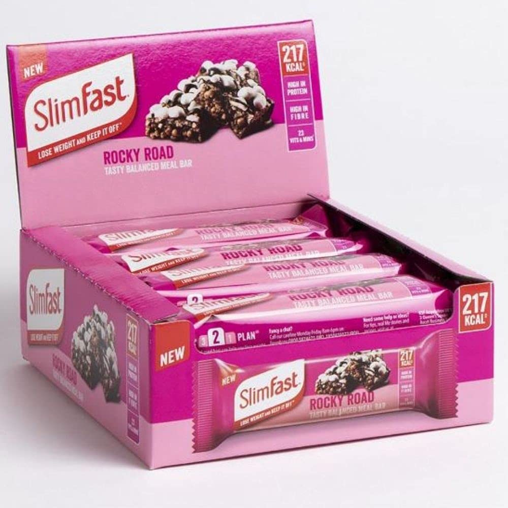 Meal Bars Slim Fast - Rocky Road 12 X 60g Tasty, Balanced Meal Replacement Bar for Weight Loss Control and Diet, 217Kcal, High in Protein, Fiber and with 23 Vitamins and Minerals