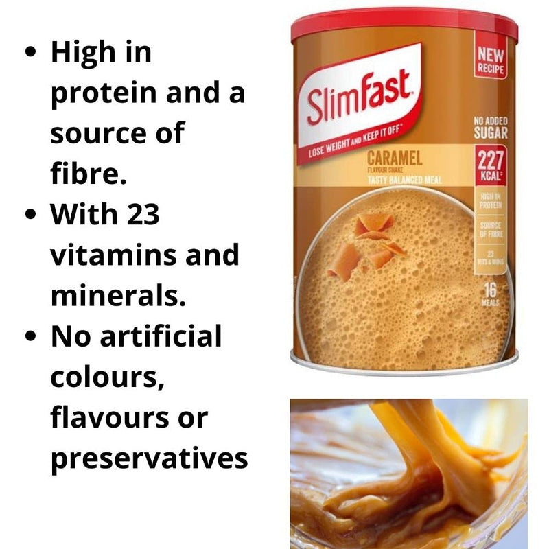 Slim Fast Shake and Snack Diet Bundle - Caramel Flavour Shake Powder 584g with 2 Baked Cheddar Bites and 2 Baked Sour Cream & Chive Pretzels Balanced Meal Replacement