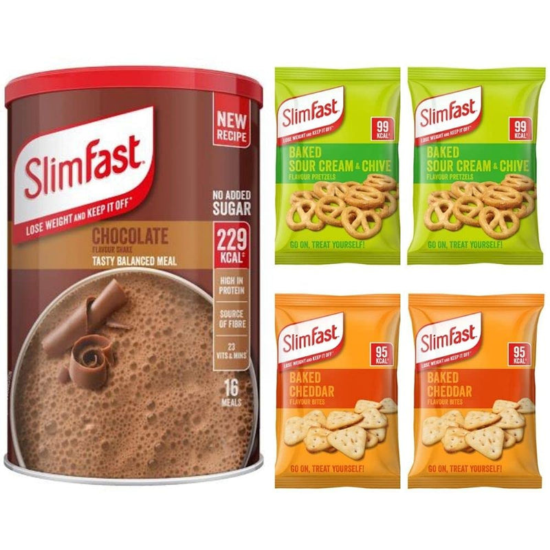 Slim Fast Shake and Snack Weightloss Diet Bundle - Chocolate Flavour Shake Powder 600g with 2 Baked Cheddar Bites and 2 Baked Sour Cream & Chive Pretzels Balanced Meal Replacement