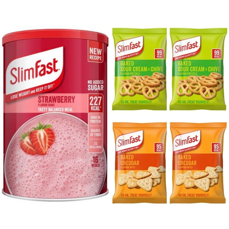 Slim Fast Shake and Snack Weightloss Diet Bundle - Strawberry Flavour Shake Powder 584g with 2 Baked Cheddar Bites and 2 Baked Sour Cream & Chive Pretzels Balanced Meal Replacement