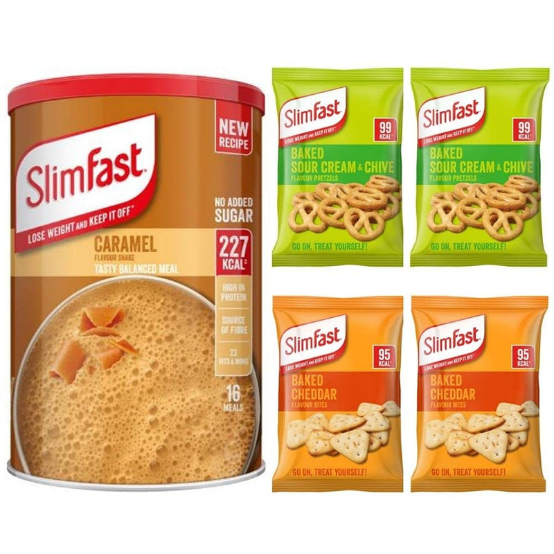 Slim Fast Shake and Snack Diet Bundle - Caramel Flavour Shake Powder 584g with 2 Baked Cheddar Bites and 2 Baked Sour Cream & Chive Pretzels Balanced Meal Replacement