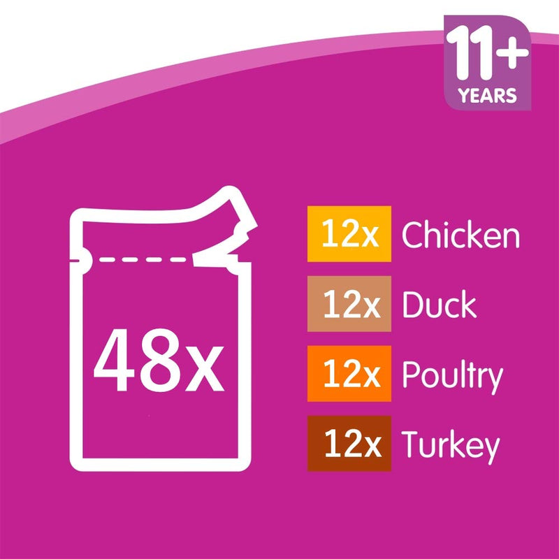 Whiskas 11+ Cat Pouches Poultry Selection in Jelly 12 x 100g (Pack of 4, Total 48 Pouches)