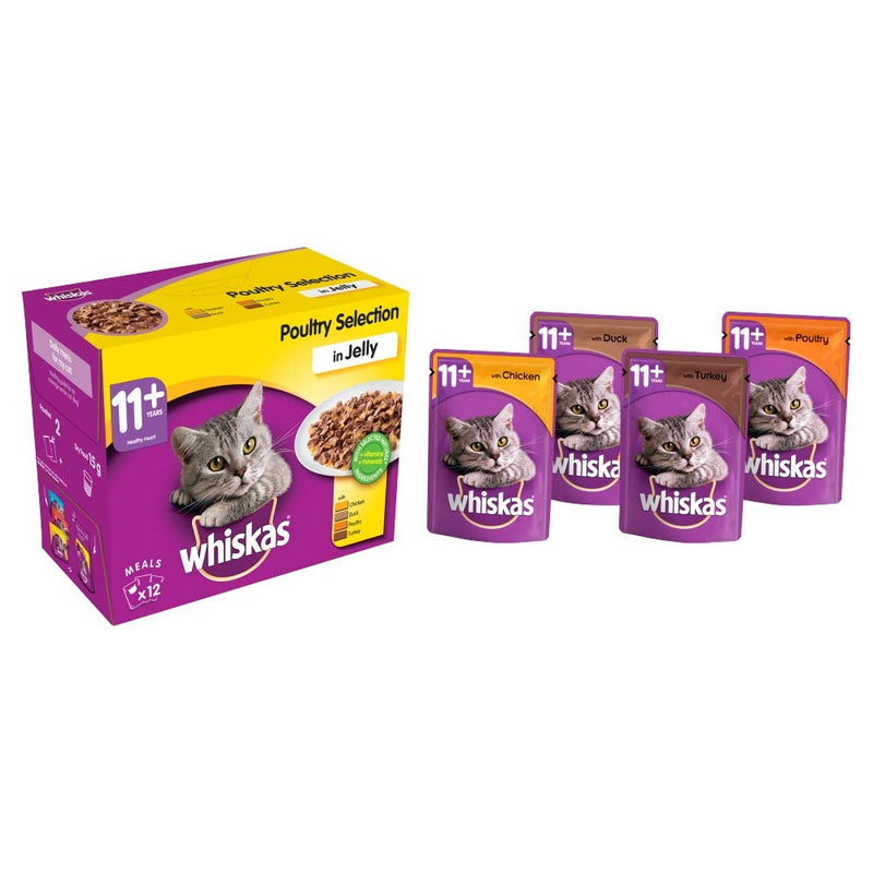 Whiskas 11+ Cat Pouches Poultry Selection in Jelly 12 x 100g (Pack of 4, Total 48 Pouches)