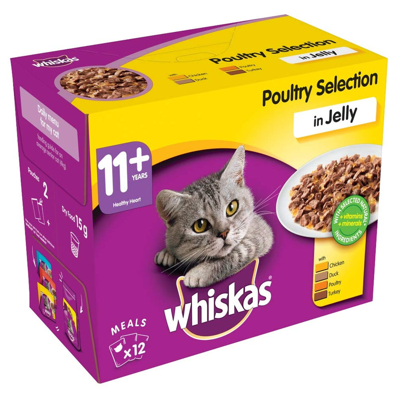 Whiskas 11+ Cat Pouches Poultry Selection in Jelly 12 x 100g (Pack of 4, Total 48 Pouches)