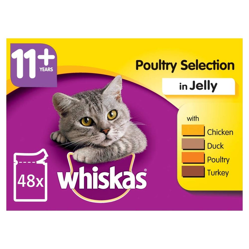 Whiskas 11+ Cat Pouches Poultry Selection in Jelly 12 x 100g (Pack of 4, Total 48 Pouches)