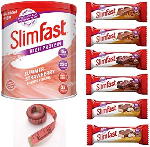 Slim fast Meal Replacement Summer Strawberry Powder Shake 438 G And 6, 95 Calories Snack Bars With AETN Measuring Tape