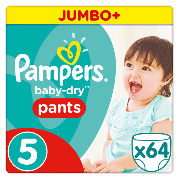 Pampers Baby-Dry Nappy Pants Size 5, 64 Nappy Pants, 12-17 kg, Easy-On with Air Channels For Up to 12 Hours of Breathable Dryness