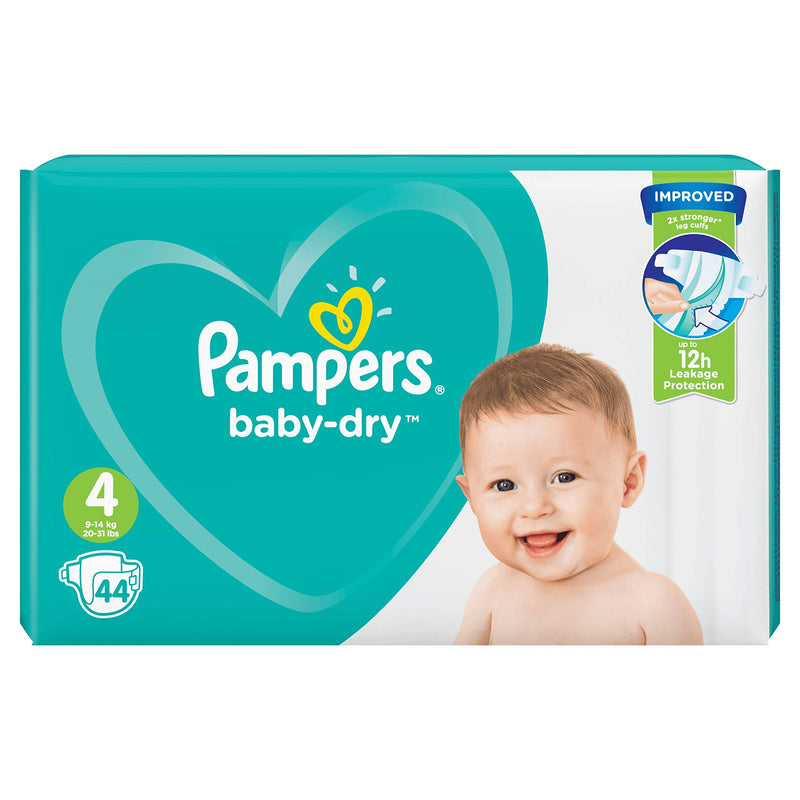 Pampers Baby-Dry Size 4, 44 Nappies, 9-14 kg, Essential Pack, Air Channels for Breathable Dryness Overnight