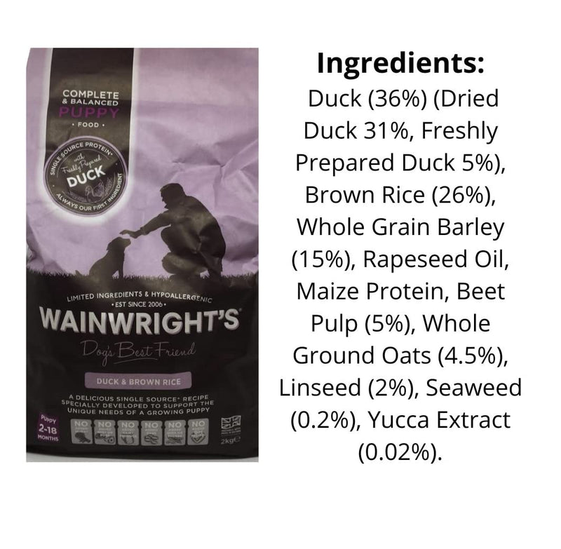 Wainwrights Complete Dry Puppy Food Duck And Brown Rice 2kg For All Breeds - Nutritious, Delicious, Easily Digested And Hypo-Allergenic Puppies 2-18Months