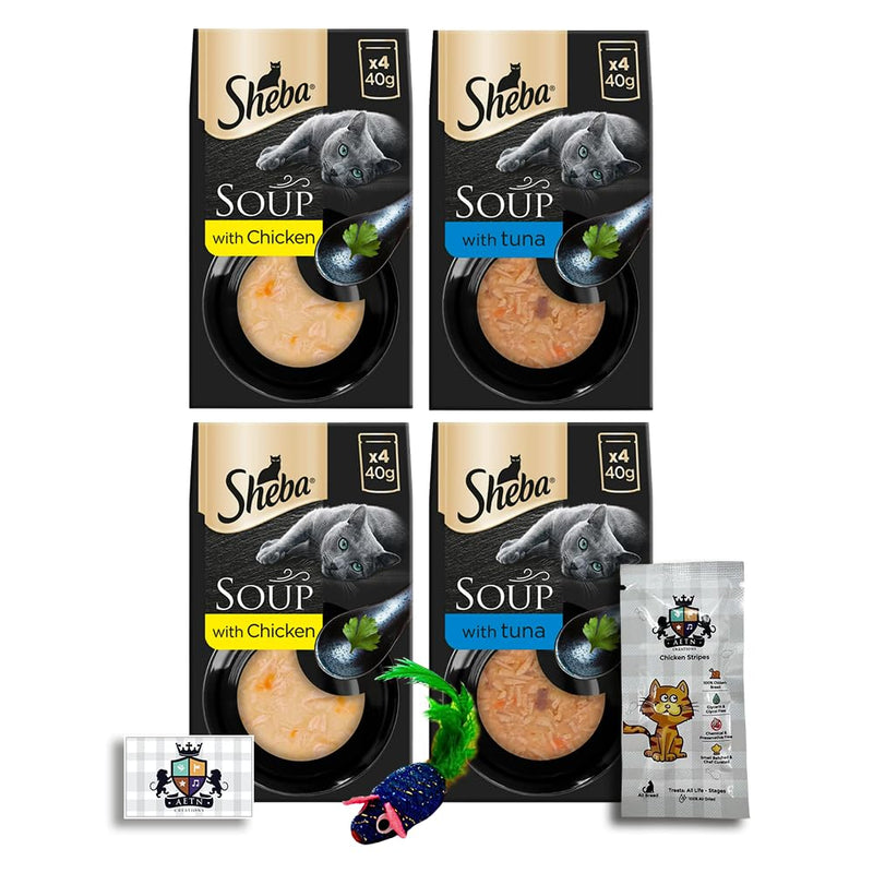 AETN Creations Sheba Classic Mixed Soups Pack 16x40g Chicken, Tuna, Chicken & Tuna and Fish & Veg with AETN Cat Treat Irresistible Supplementary Food for Adult Cats