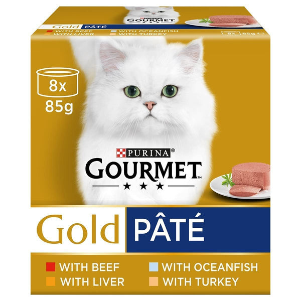 multiple Gourmet Gold Pate Wet Cat Food Tins Variety Pack | Beef, Liver, Ocean Fish, Turkey | Pack of 16 x 85g with Free Toy Ball Gift