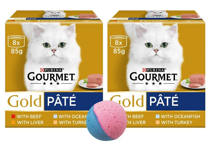 multiple Gourmet Gold Pate Wet Cat Food Tins Variety Pack | Beef, Liver, Ocean Fish, Turkey | Pack of 16 x 85g with Free Toy Ball Gift