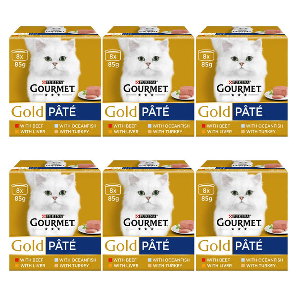 Gourmet Gold Pate Recipes Wet Cat Food contains delicious recipes with Ocean Fish, Liver, Turkey and Beef - Case of 6 (48 tins)