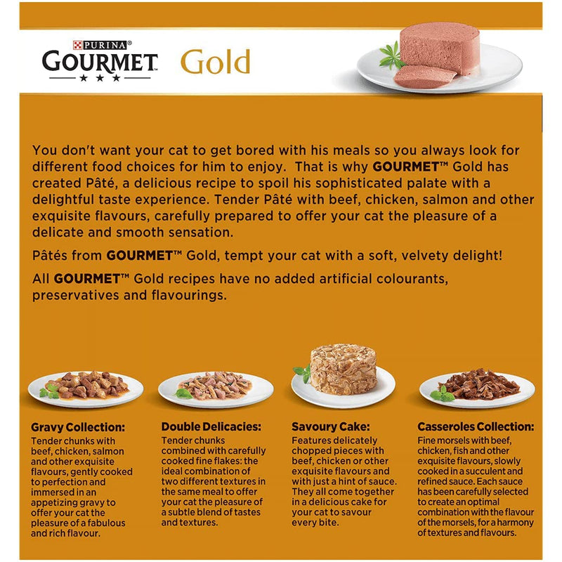 Gourmet Gold Pate Recipes Wet Cat Food contains delicious recipes with Ocean Fish, Liver, Turkey and Beef - Case of 6 (48 tins)