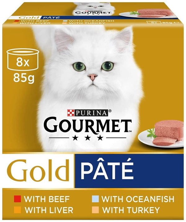 Gourmet Gold Pate Wet Cat Food Tins Variety Pack | Beef, Liver, Ocean Fish, Turkey | Pack of 16 x 85g