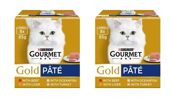 Gourmet Gold Pate Wet Cat Food Tins Variety Pack | Beef, Liver, Ocean Fish, Turkey | Pack of 16 x 85g