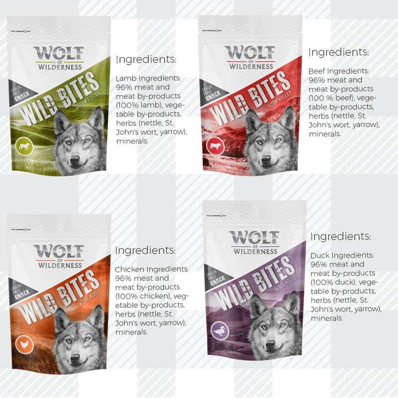 AETN Creations Wolf of Wilderness Wild Bites Grain-Free Dog Treats 4x180g in Lamb, Chicken, Duck & Beef Tasty Snacks for Your Furry Pup with AETN Treat