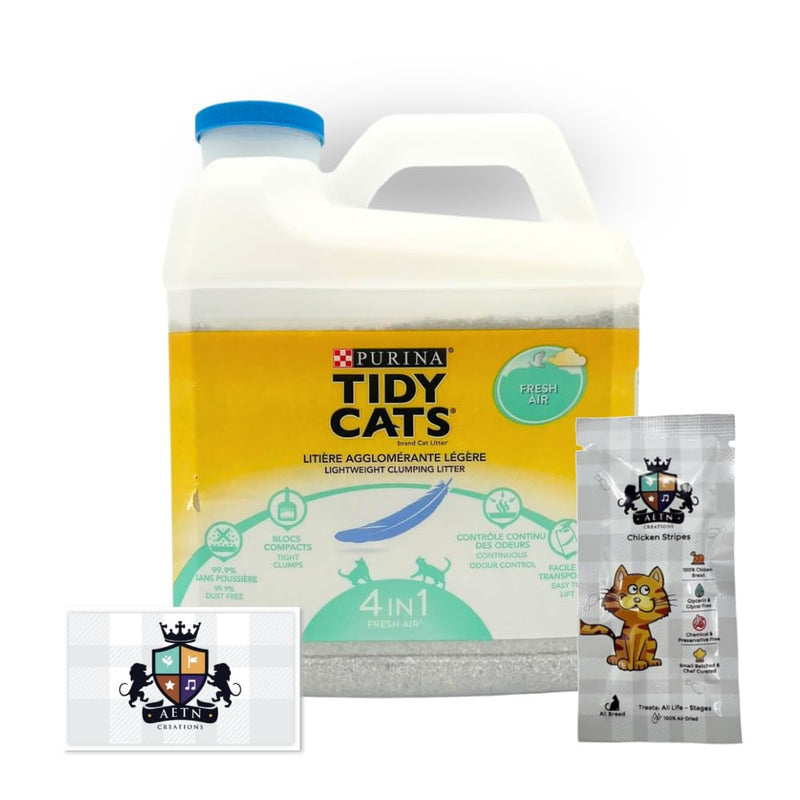 AETN Creations Litter Bundle Purina Tidy Cats Lightweight Clumping Fresh Air 1x10L Tidy Breeze plus AETN Chicken Cat Treat, Neutralise Odours, Experience Freshness