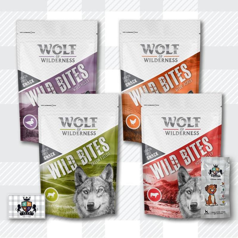 AETN Creations Wolf of Wilderness Wild Bites Grain-Free Dog Treats 4x180g in Lamb, Chicken, Duck & Beef Tasty Snacks for Your Furry Pup with AETN Treat