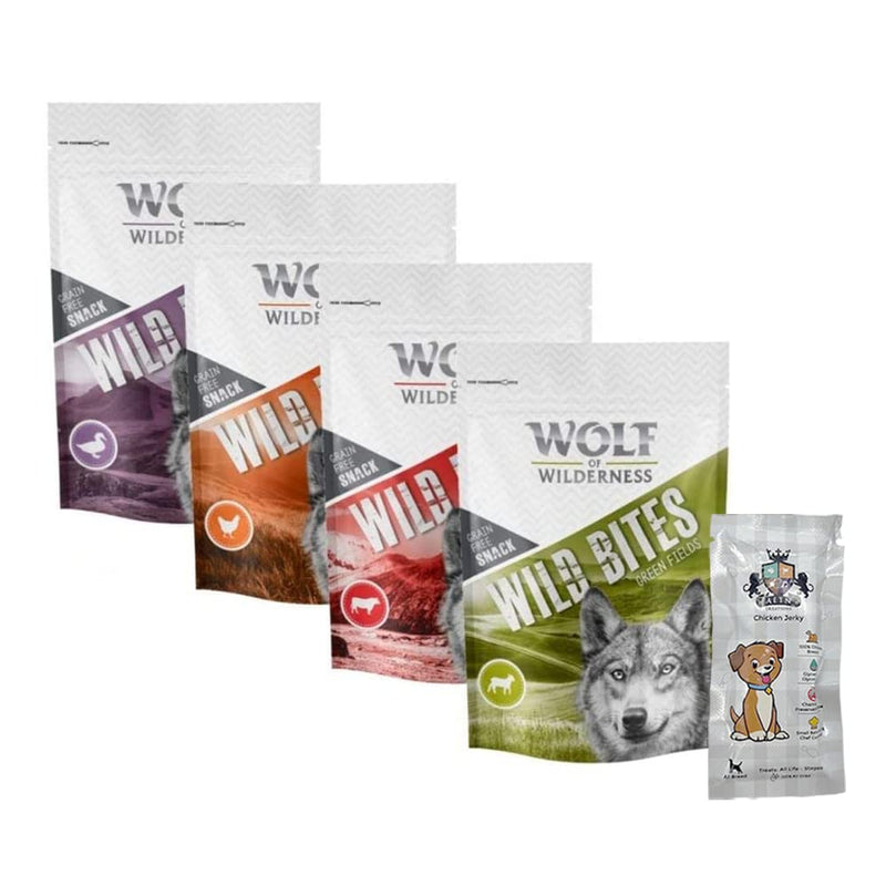 AETN Creations Wolf of Wilderness Wild Bites Grain-Free Dog Treats 4x180g in Lamb, Chicken, Duck & Beef Tasty Snacks for Your Furry Pup with AETN Treat