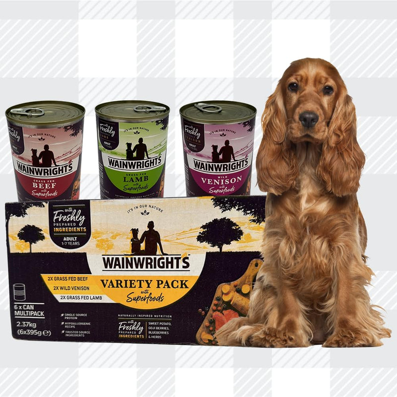 AETN Creations Wainwright's Superfoods Wet Adult Dog Food Variety Pack 6x395g Venison, Beef, Lamb plus AETN Jerky Treat, Balanced Nutrition for Adult Dogs