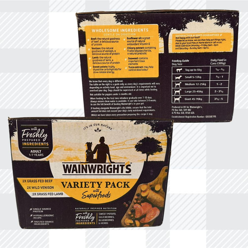 AETN Creations Wainwright's Superfoods Wet Adult Dog Food Variety Pack 6x395g Venison, Beef, Lamb plus AETN Jerky Treat, Balanced Nutrition for Adult Dogs